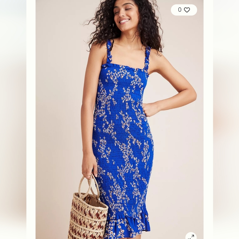 Faithfull the Brand Blue Floral Smocked Midi Dress